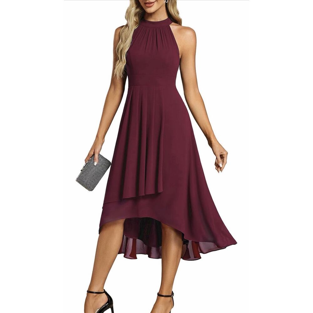 Ever‑Pretty Hi-Lo Chiffon Sexy Halter Neck Pleated Sleeveless Burgundy Size 4